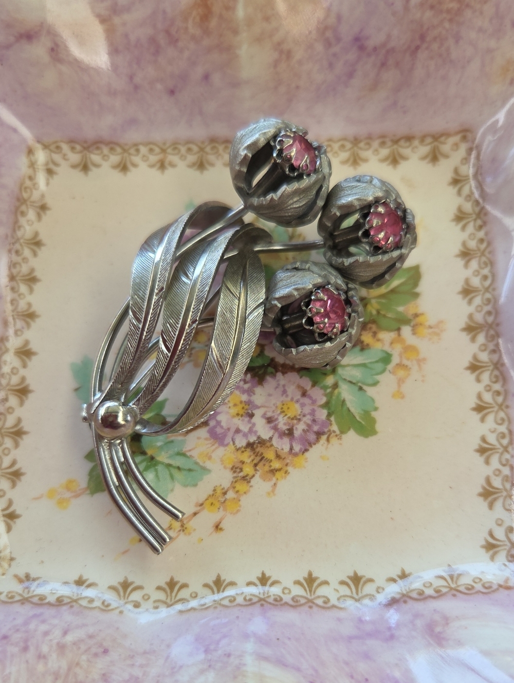 Vintage Silver Floral Bouquet Brooch with Pink Rhinestones